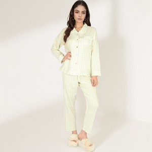 Anna-Kaci Lounge Women's Gingham Long Sleeve Pajama Set with Colorful Buttons Chest Pocket and Relaxed Fit Straight Pants - 1 of 4