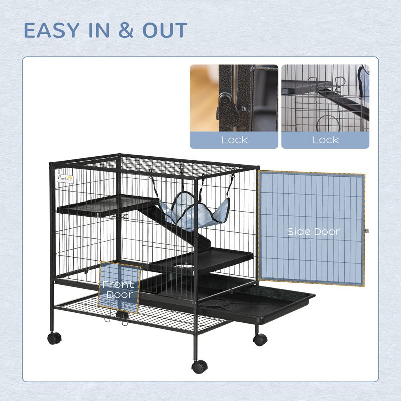 PawHut 3-Storey Small Animal Cage, Metal Ferret Cage, Chinchilla Play House, with Casters Hammock No Leaking Tray Storage Shelf, 31.5"x20.5"x33", 5 of 7