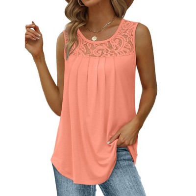 Women's Summer Tank Tops Loose Fit Pleated Tunic Scoop Neck Sleeveless Lace Blouse Flowy Curved Hem Casual Dressy Tops