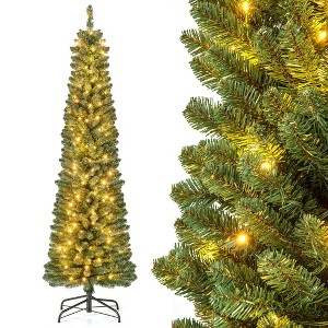 Tangkula 6/7/8 FT Pencil Christmas Tree w392/523/671 Memory Wire Branch Tips 140/190/250 LED Lights - 1 of 4