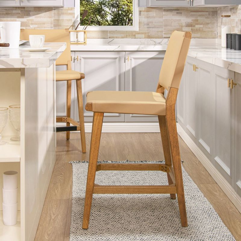 Jennifer Taylor Home Pierre 26" Farmhouse Saddle Kitchen Island Counter Stool with Back, Sunkissed Beige Leather & Natural Wood, 3 of 10