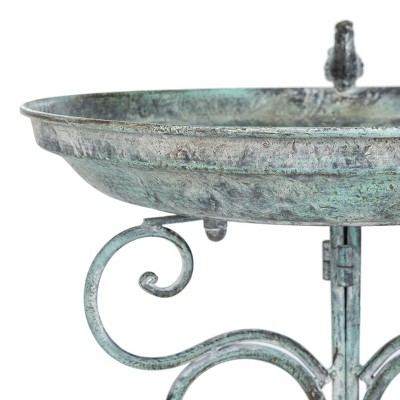 Ashlan Antique Dark Green Iron Bird Bath with Sculpted Bird