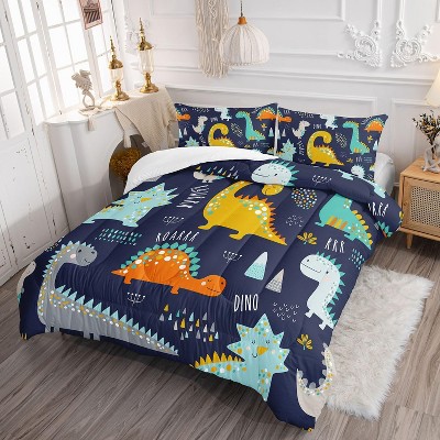 Boersma Cartoon Dinosaur Comforter Set Dark Blue Printed Bedding Set with 1 Comforter and 2 Pillowcases for Boys and Girls Bedroom All Season