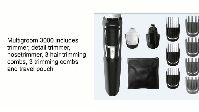 Philips Norelco Series 3000 Multigroom All-in-One Men&#39;s Rechargeable Electric Trimmer with 13 attachments - MG3750/60, 2 of 15, play video