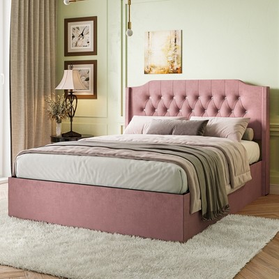 Queen Size Tufted Upholstered Bed Frame with Crystal Button Accents and Under-Bed Storage Space