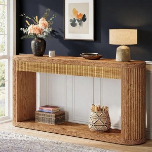 KTMBDW 63 Inch Fluted Console Table for Entryway, Narrow Wood Sofa Table Behind Couch for Entrance, Hallway, Foyer, Front Door, Natural - 1 of 4