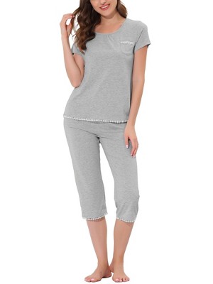 cheibear Women's Round Neck Loungewear with Capri Pants Pajama Set