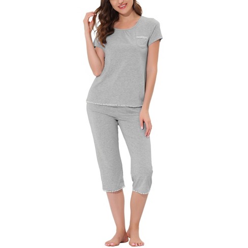 cheibear Women's Sleepwear Pajama Set Nightwear Round Neck Loungewear with  Capri Pants Gray Small