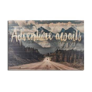 24" x 36" Adventure Awaits Mountains Print on Planked Wood Wall Sign Panel - Gallery 57