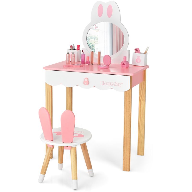 Costway Kids Vanity Set Rabbit Makeup Dressing Table Chair Set W/ Mirror Drawer White\Pink, 2 of 13