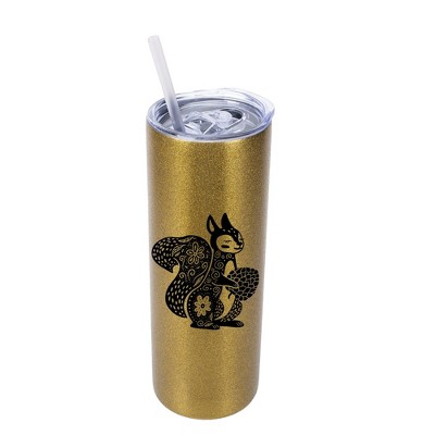 Elanze Designs Floral Squirrel with Acorn 20 Ounce Double-Walled Stainless Steel Insulated Slim Travel Tumbler with Lid and Straw, Vegas Gold
