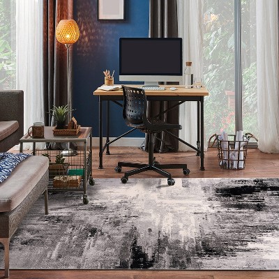 Black and Gray Abstract Synthetic 8' x 10' Area Rug