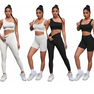 INSPIRE CHIC 2 Sets Women's Exercise Yoga Outfits Scoop Neck Seamless Ribbed Shorts High Waist Shapers - 1 of 4
