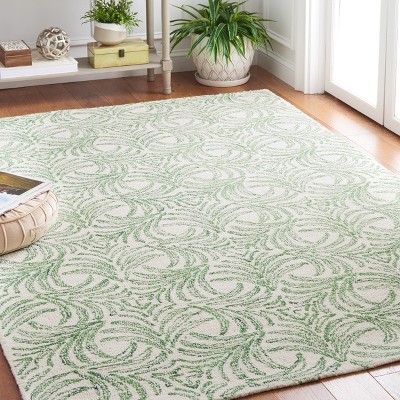 Ivory and Green Floral Hand-Tufted Wool Silk Rug, 8' x 10'