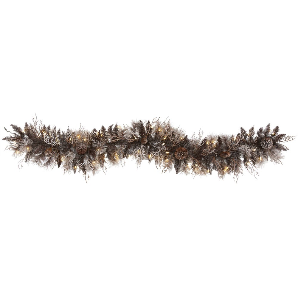 Photos - Other Decoration Nearly Natural 6' Pre-lit LED Flocked Mixed Pine with Pinecones Artificial Christmas Garland Brown with Warm White Lights