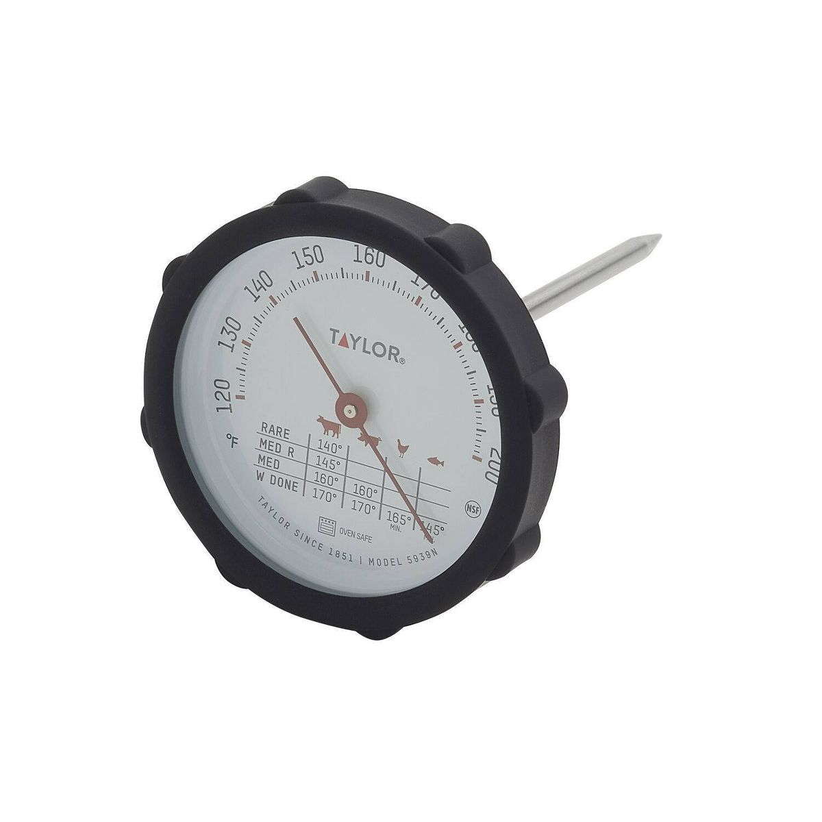 Taylor Silicone Grip Leave-In Meat Kitchen Cooking Thermometer: Analog Food & Beverage Thermometer, Large Dial, 120-200°F