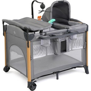 JOYMOR 7 in 1 Bedside Bassinet with Changing Table, All in One Nursery Center, Bedside Sleeper with Mattress, Sheet, Canopy, Storage Shelf,Gray - 1 of 4