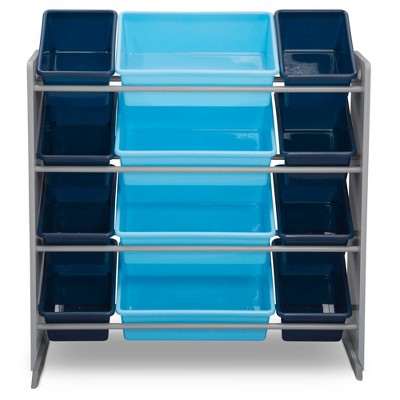 Gray and Blue Wooden Kids Toy Storage Organizer with 12 Plastic Bins