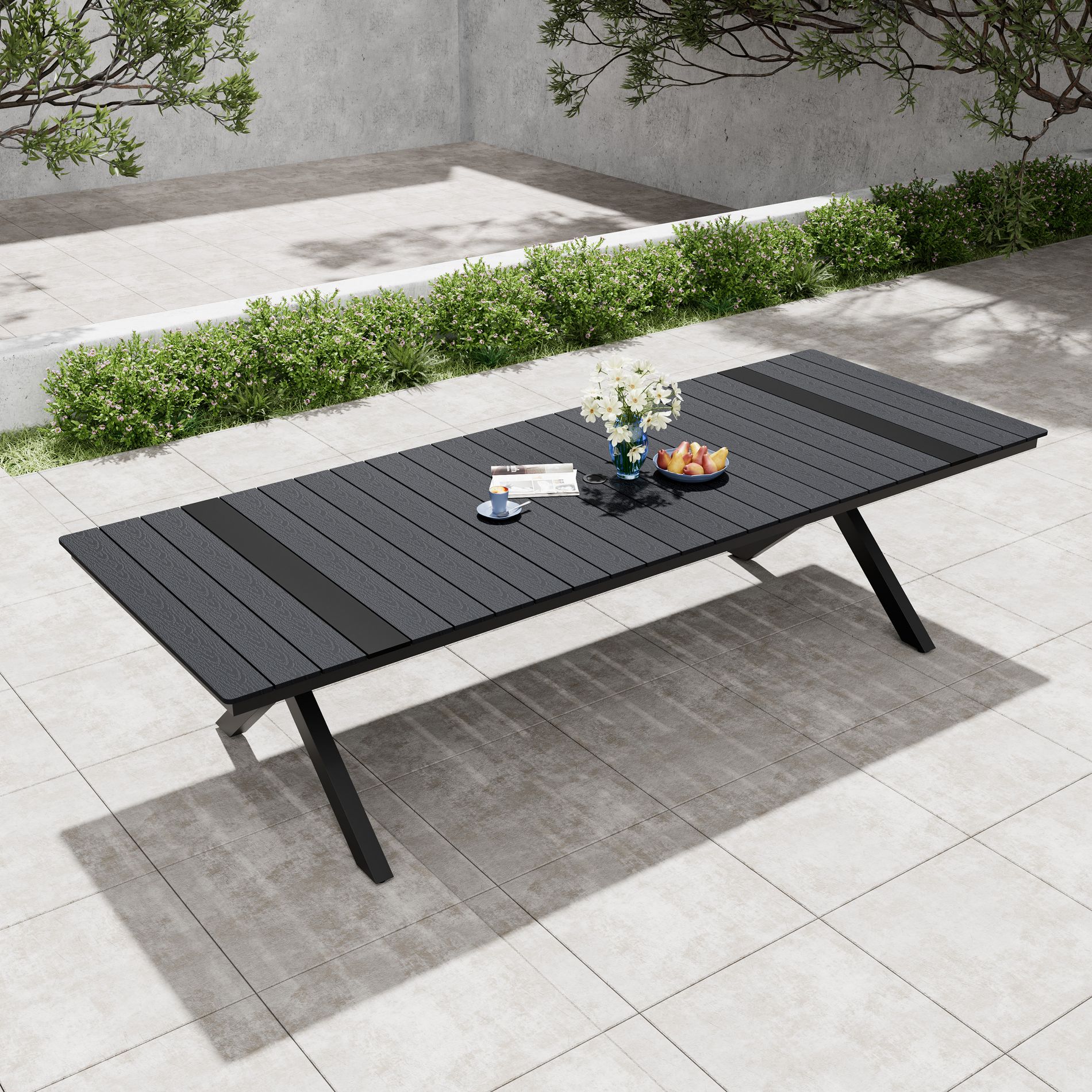 Pellebant 118.1-Inch Outdoor Dining Table X-Shaped Legs Wood-Look Top Aluminum Frame Umbrella Hole Black