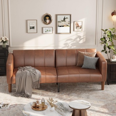 GustoWave 75" PU Leather Futon Sofa Bed,Convertible Loveseat, Adjustable Backrest, Side Pockets, Space-Saving Sleeper Sofa, Brown