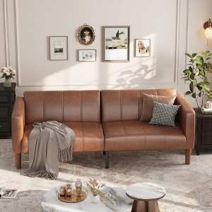 GustoWave 75" PU Leather Futon Sofa Bed,Convertible Loveseat, Adjustable Backrest, Side Pockets, Space-Saving Sleeper Sofa, Brown - 1 of 4