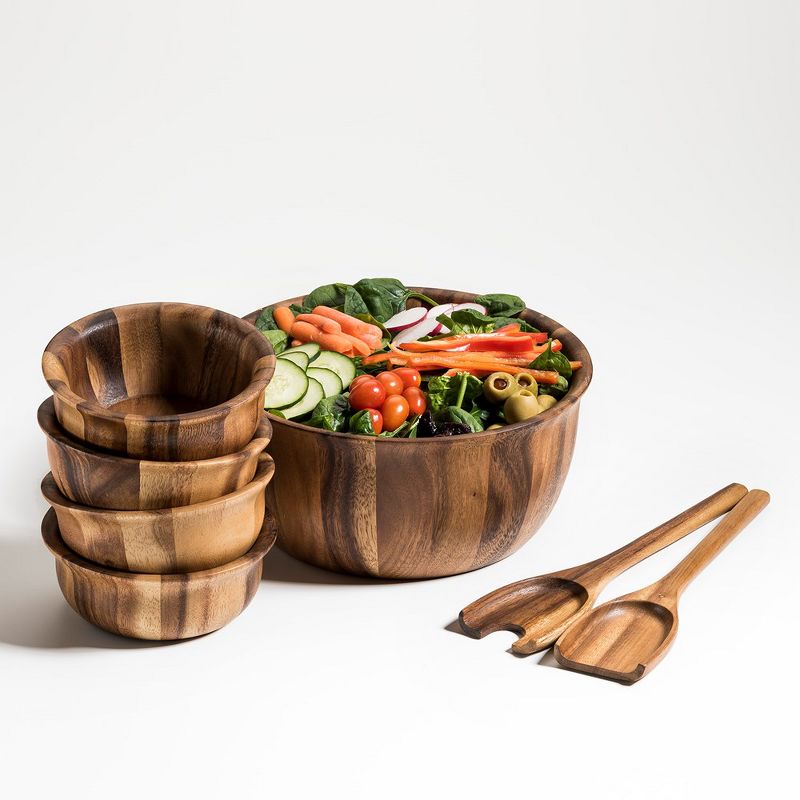 Kalmar Home Solid Acacia Wood  Large Salad Bowl with Servers and 4 Individuals, 2 of 3
