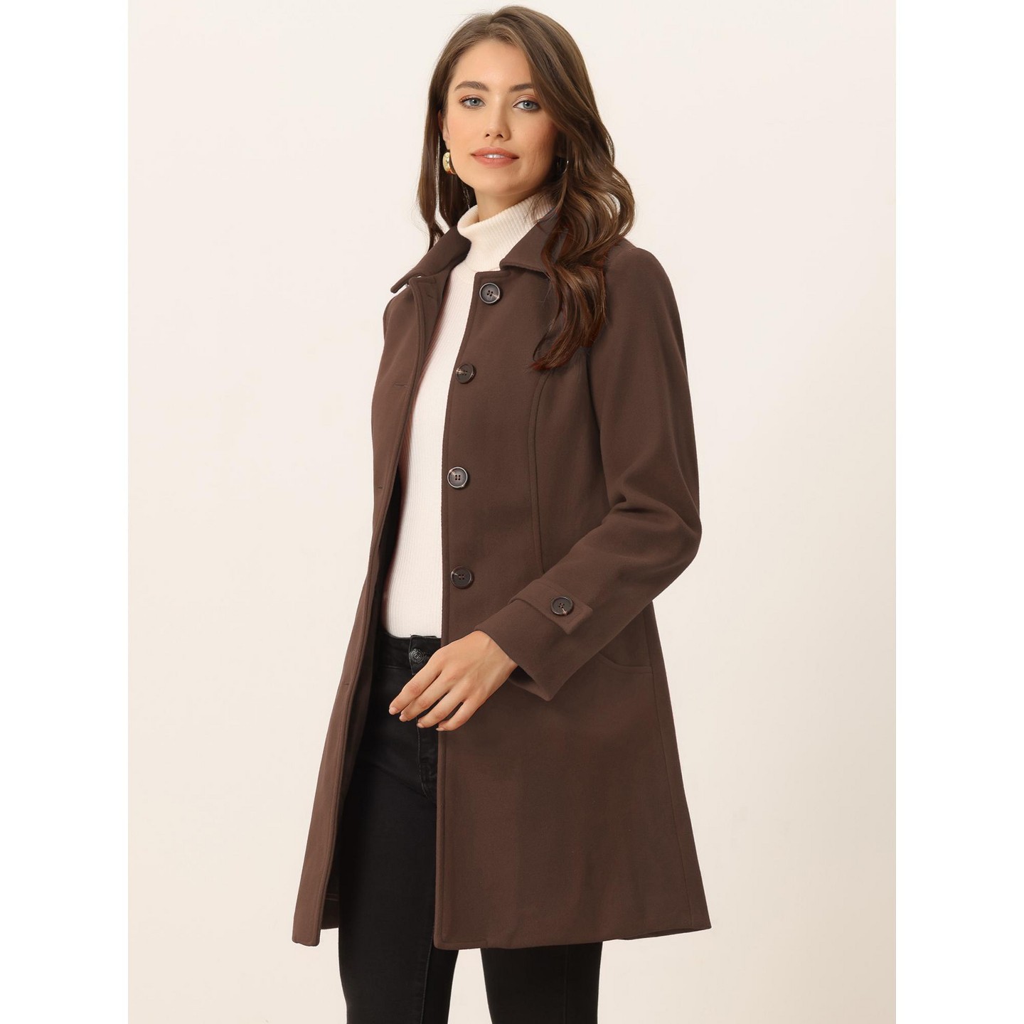 Женская куртка Allegra K Winter Outerwear Peter Pan Collar Mid-thigh A-line Single Breasted Coat Coffee — фото 5