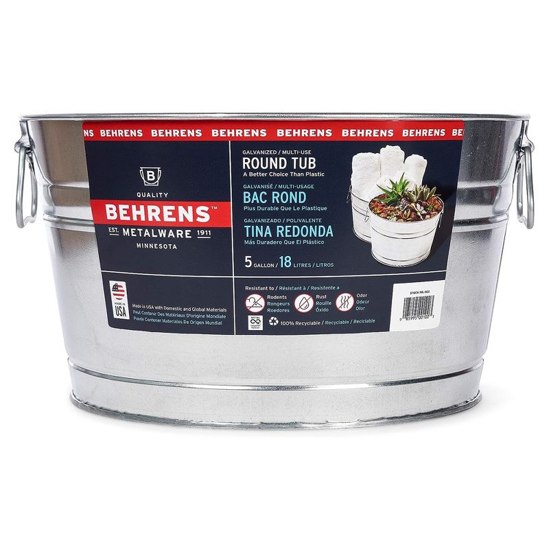 Behrens 5 Gallon Round Galvanized Weatherproof Steel Tub with Wire Handle and Offset Bottom for Indoor Home and Outdoor Garden Use, Silver, 1 of 7