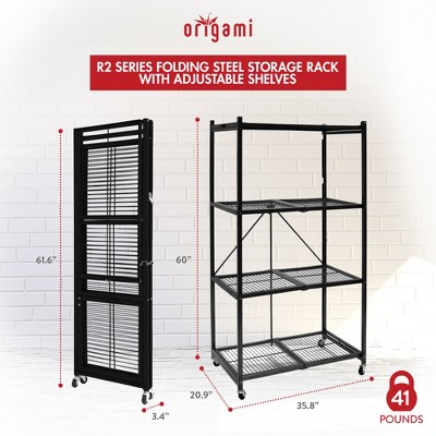 Black 4-Tier Foldable Steel Wire Shelving Unit with Wheels