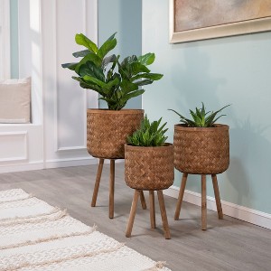 Okak Bamboo Patio Plant Pots Set of 3/2, Decorative Flower Pots for Indoor Outdoor, Herbs/Vegetables/Fruits - 1 of 4