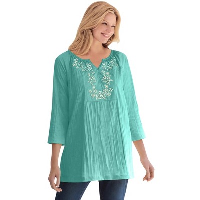 Woman Within Plus Size Embroidered Crinkle Tunic