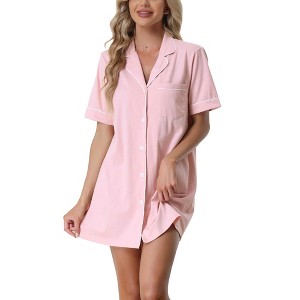 cheibear Women's Notched Collar Button Down Pajama Shirt Dress with Pocket - 1 of 4