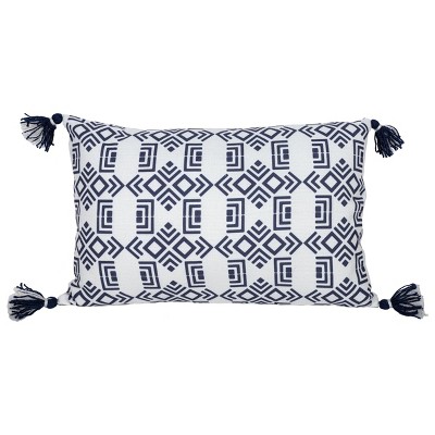 14X22 Inch Hand Woven Geo Pattern Outdoor Pillow Navy Polyester With Polyester Fill by Foreside Home & Garden