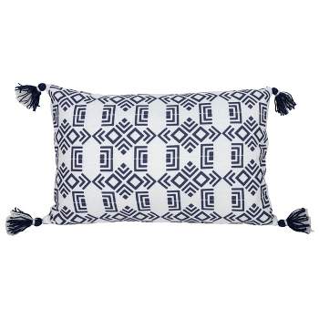 14X22 Inch Hand Woven Geo Pattern Outdoor Pillow Navy Polyester With Polyester Fill by Foreside Home & Garden