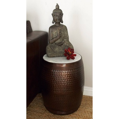 Copper Hammered Barrel Side Table with White Marble Top - 16"x19"