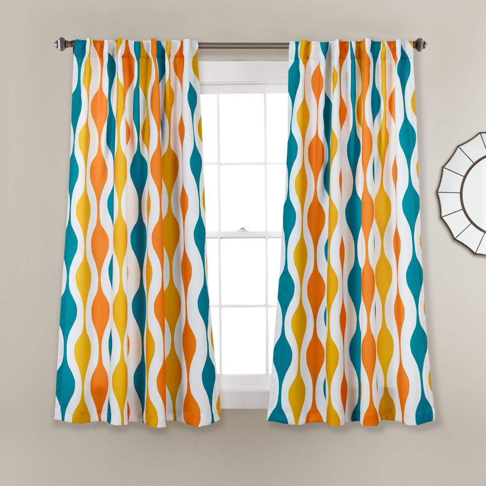 Photos - Curtain Rod / Track Set of 2  Mid Century Geo Light Filtering Window Curtain Panels Turquoise Blue - Lush Décor: Geometric Drapes, Micr(63"x52")