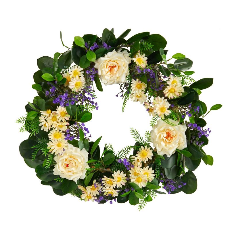 Nearly Natural 22” Mixed Rose and Daisy Artificial Wreath, 1 of 3