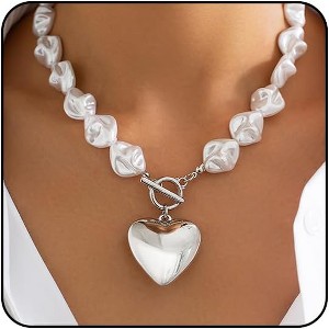 Chunky Heart Statement Necklace for Women, Big Puffy Heart with Chunky Chain - 1 of 4