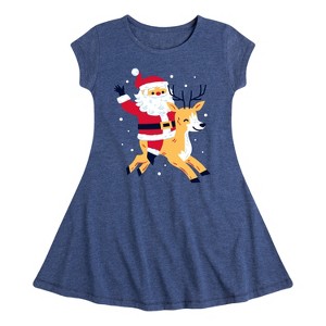 Girls' - Instant Message - Santa and Reindeer Christmas Fit & Flair Cap Sleeve Graphic Dress - 1 of 4