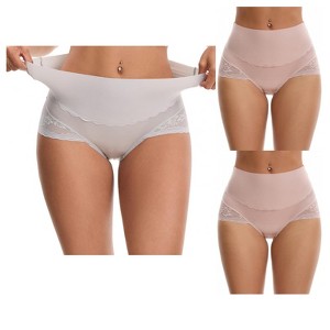 INSPIRE CHIC Women's Hi-Cut Satin High Waisted Lace Trimmed Tummy Control Underpants Briefs 3 Packs - 1 of 4