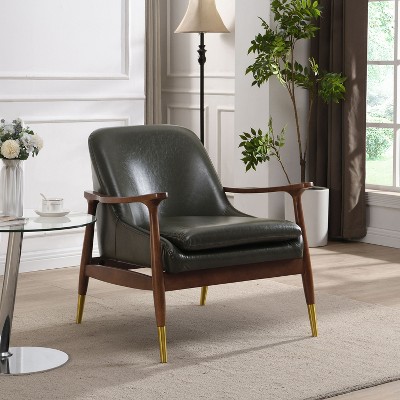 CAVINAS Mid-Century Faux Leather Accent Armchair with Solid Wood Frame,Plush Padded Chair for Living Room,Bedroom,Office