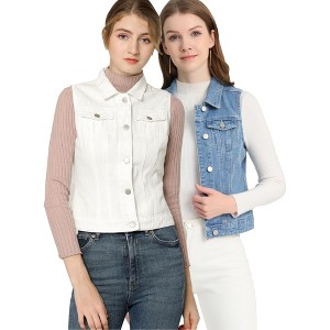 INSPIRE CHIC Women's Buttoned Washed Denim Vest with Faux Chest Flap Pockets 2 Packs - 1 of 4