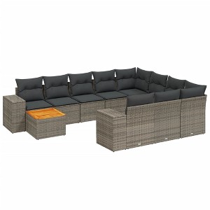 vidaXL 11 Piece Patio Sofa Set with Cushions Gray Poly Rattan - Gray and Dark Gray Table + 6x Middle + 2x Corner - 1 of 4