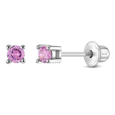 Baby Girls' Pink 4 Prong CZ Solitaire Screw Back 14K Gold Earrings - 3mm - in Season Jewelry