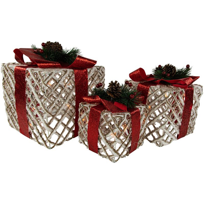 Northlight Set of 3 Lighted White Rope Gift Box Christmas Decorations 9.75", 1 of 7