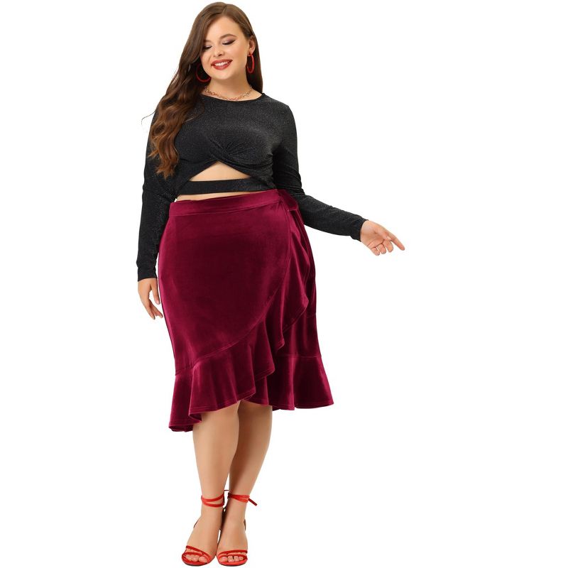 Agnes Orinda Women's Plus Size Skirt Ruffled Hem Velvet Wrap Skirts, 3 of 6