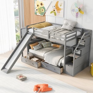 Twin Over Twin Bunk Bed with Slide, Storage Drawers, Desk with Shelves, and Staircase for Kids, White Wood Frame - 1 of 4