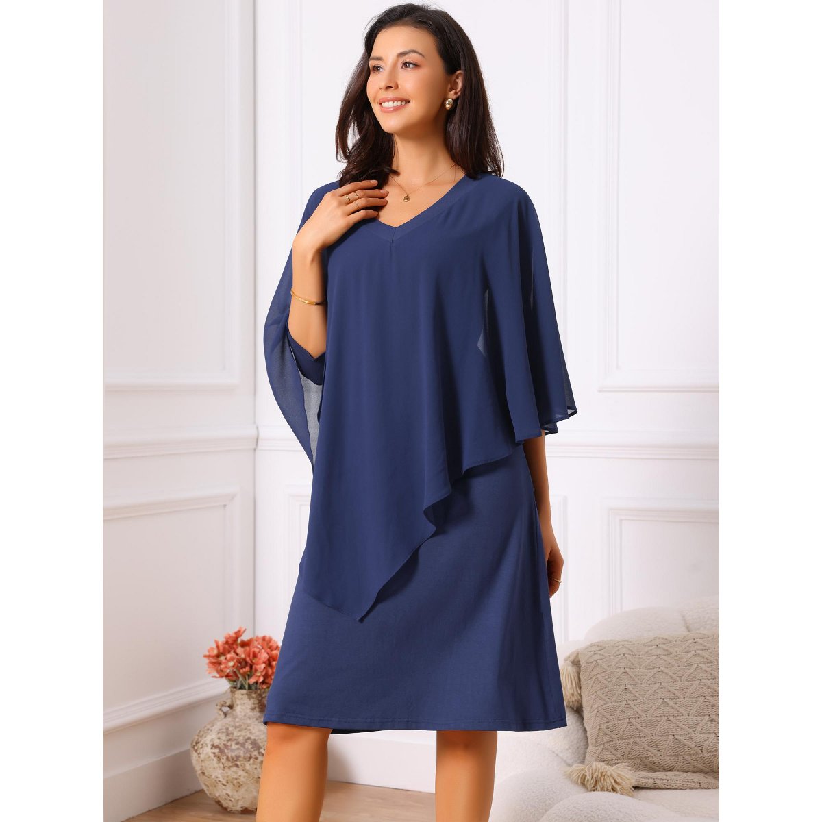 Женские платья INSPIRE CHIC Women's Chiffon Cape Overlay Bodycon 3/4 Sleeve V Neck Pencil Dress Medium Dark Blue — фото 3