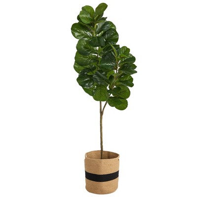 Nearly Natural 5.5-ft Fiddle Leaf Fig Artificial Tree in Handmade Natural Cotton Planter