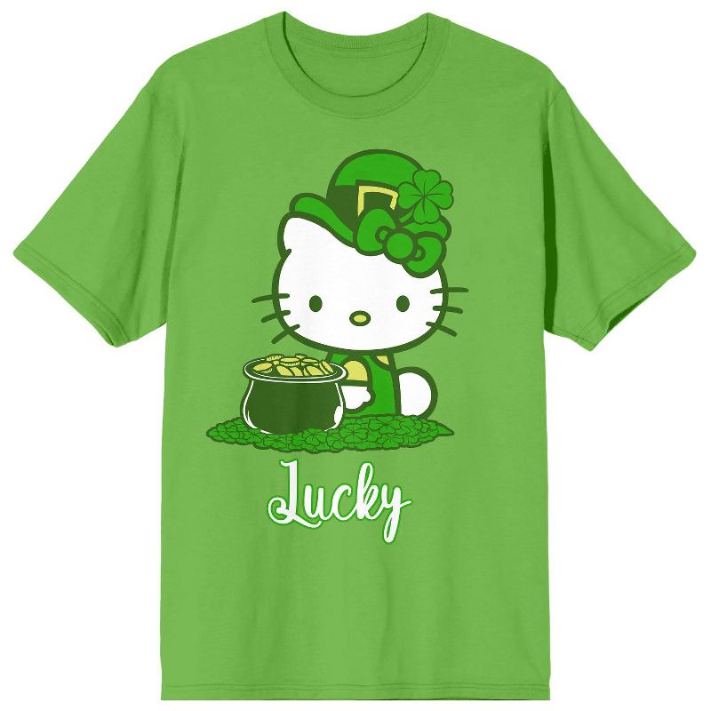 Hello Kitty Lucky Leprechaun Crew Neck Short Sleeve Green Unisex Adult T-shirt, 1 of 3